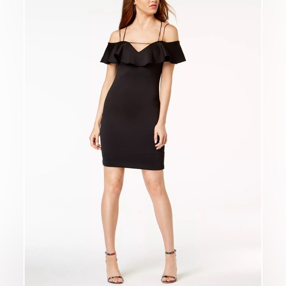 GUESS Mara Off The Shoulder Bodycon Jet Black Satin Strappy Dress